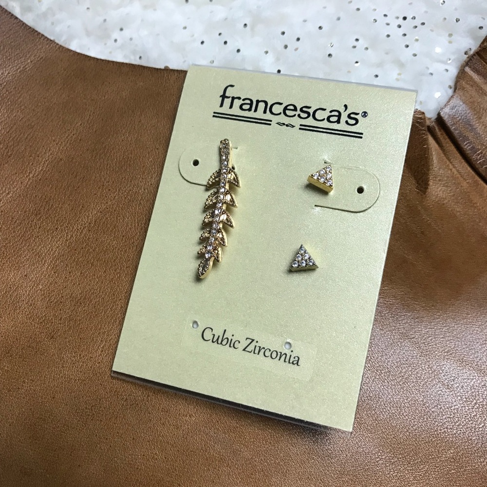 Francesca’s Leaf and Triangles Earring Set CZ, NEW